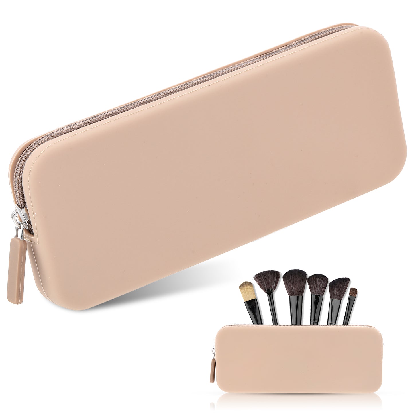 Silicone Makeup Brush Holder,Travel Makeup Brush Holder,Silicone Makeups Brushes Bag with Zipper Closure,Waterproof Cosmetic Case, Multifunctional Aesthetic Zipper Storage Bag for Daily, Work, Khaki