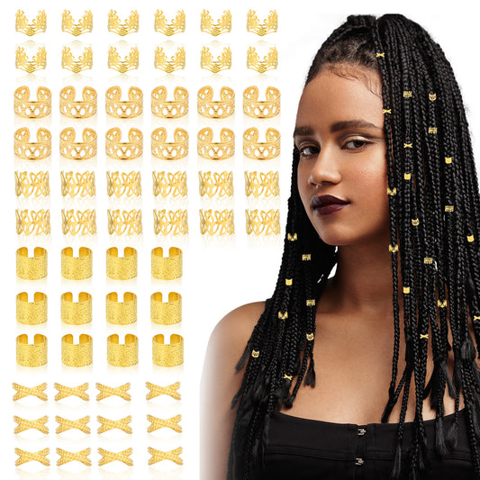 Tyqour 60pcs Gold Hair Jewelry for Women Braids, Gold Hair Cuffs Charms Rings, Loc Dreadlock Accessories for Braids Black Women Men Festival Pirate Jewelry Decorations