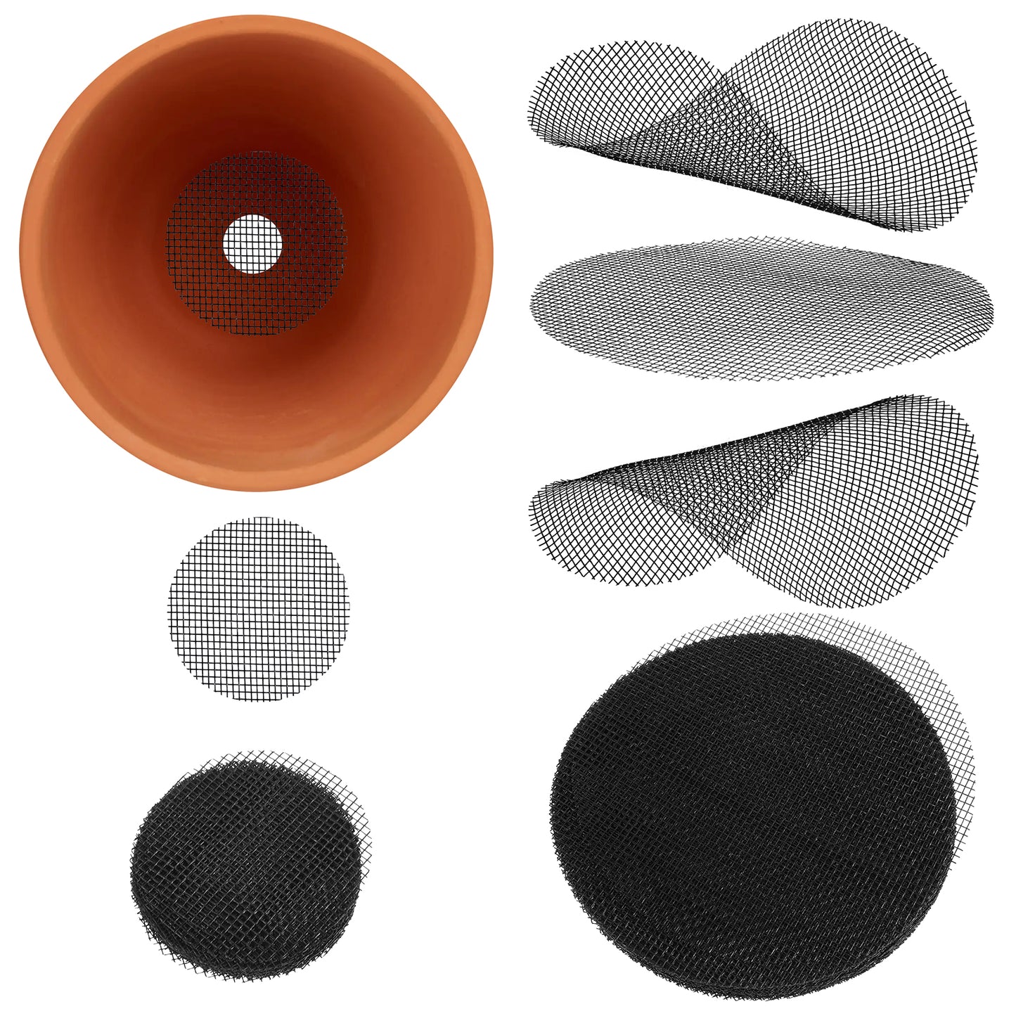Nogeqi 150PCS Flower Pot Hole Mesh Pad, Reusable Round Drainage Mesh for Plant Pots, Plant Potting Bottom Grid Mat Prevent Soil Loss Gardening Essentials, 50PCS 2 Inch and 100PCS 4 Inch(Black)
