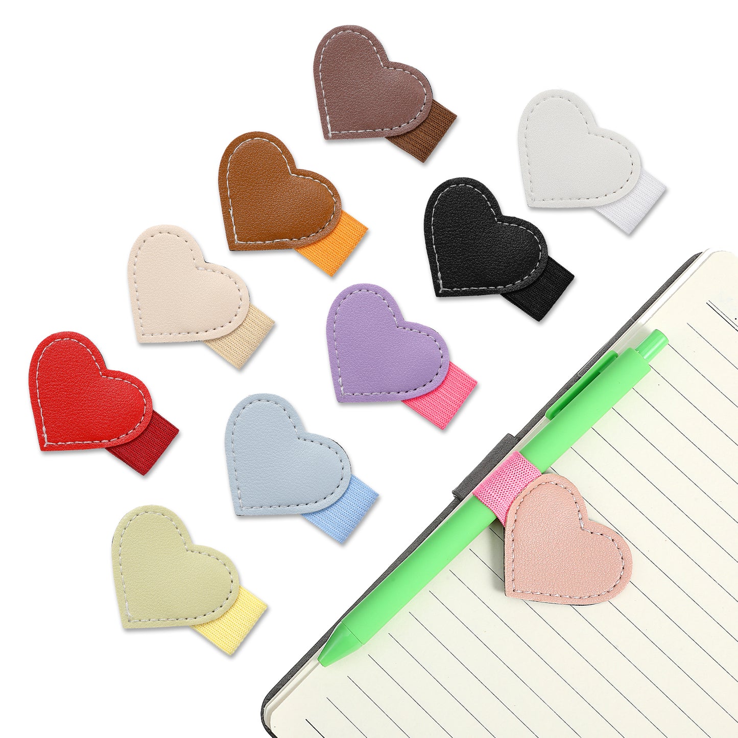 RAHHLIZS 10pcs Heart Pen Loop Self-Adhesive Pen Holder Elastic Pencil Pens Loop Holder for Notebook Journals Desks Planners Calendars Office