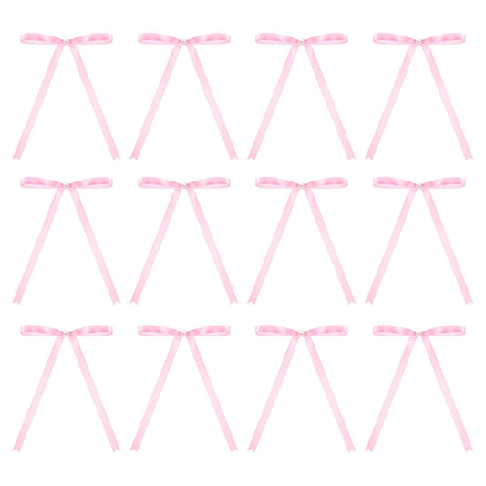 12 Pcs Bow Cupcake Toppers,Pink Bows For Cake,5 X 7 Inch Bow Ribbon And Pearl Cakes Topper,Vintage Wedding Cakes Topper For Treat Bags Craft Wedding Baby Shower Birthday Party Decorations