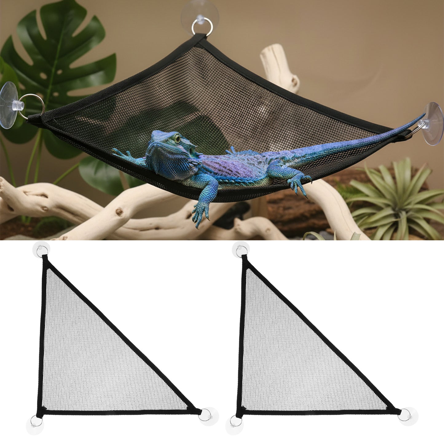 Shimmeroo 2PCS Reptile Hammock, Breathable Mesh Bearded Dragon Hammock Lizard Tank Accessories Triangle Geckos Hammocks for Bearded Dragons Snakes Axolotls(Black)