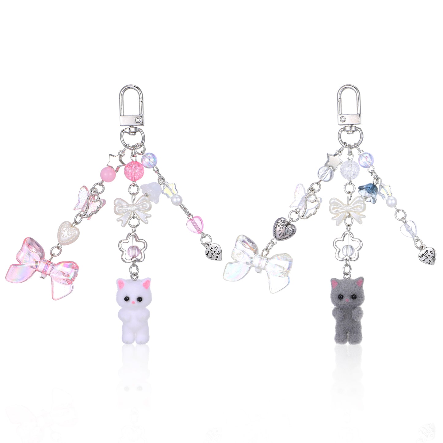 Ouligay 2 Pcs Fuzzy Cat Keychain,Cute Key Chain Charms,Kawaii Matching Keychains with Bow,Fuzzy Kitty Cat Decor for Cat Lover,Aesthetic Y2k Keychain Gift for Women Backpack Purse(Gray White)