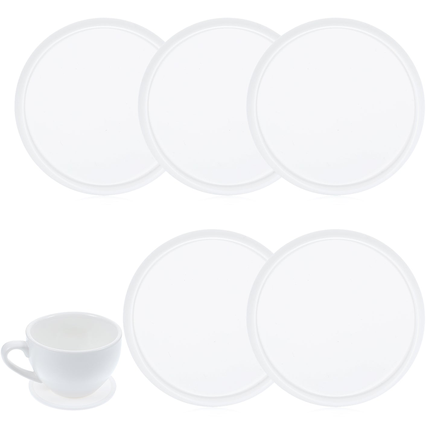 Teaaha 5PCS Round White Silicone Coasters for Drinks, Non-slip Non-stick, 3.5 Inches