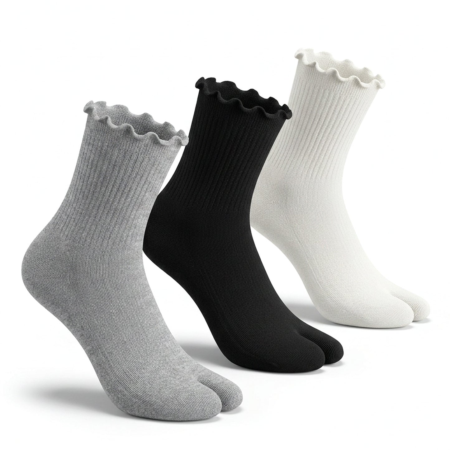 Shimmeroo 3 Pairs Split Toe Socks for Women, Ruffle Tabi No Show, Perfect for Ballet Flats Heels, Black White Gray