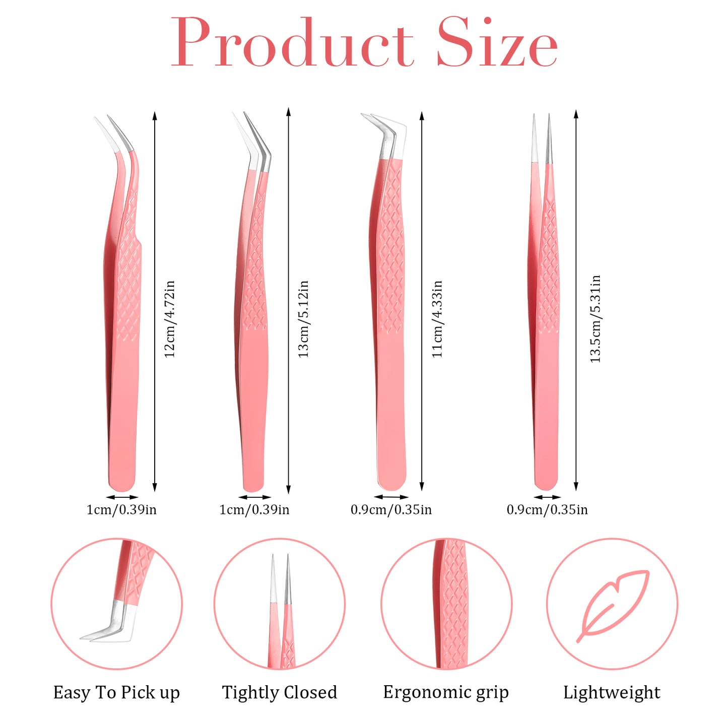 Nogeqi 4 Pack Fiber Tip Lash Tweezers for Eyelash Extensions, Stainless Steel Eyelash Tweezers with Precise Tips, Straight Curved 45 90 Degree and L-Shape for Volume & Classic Lashes (Pink)