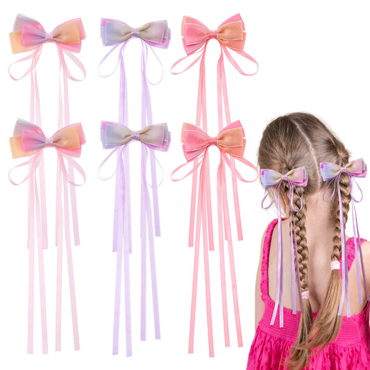 Ymapinc 6PCS Rainbow Hair Clips, Tulle Flower Hair Tassel Accessories for Toddler Girls Birthday Party Decoration Big Bows for Medium to Long Hairs