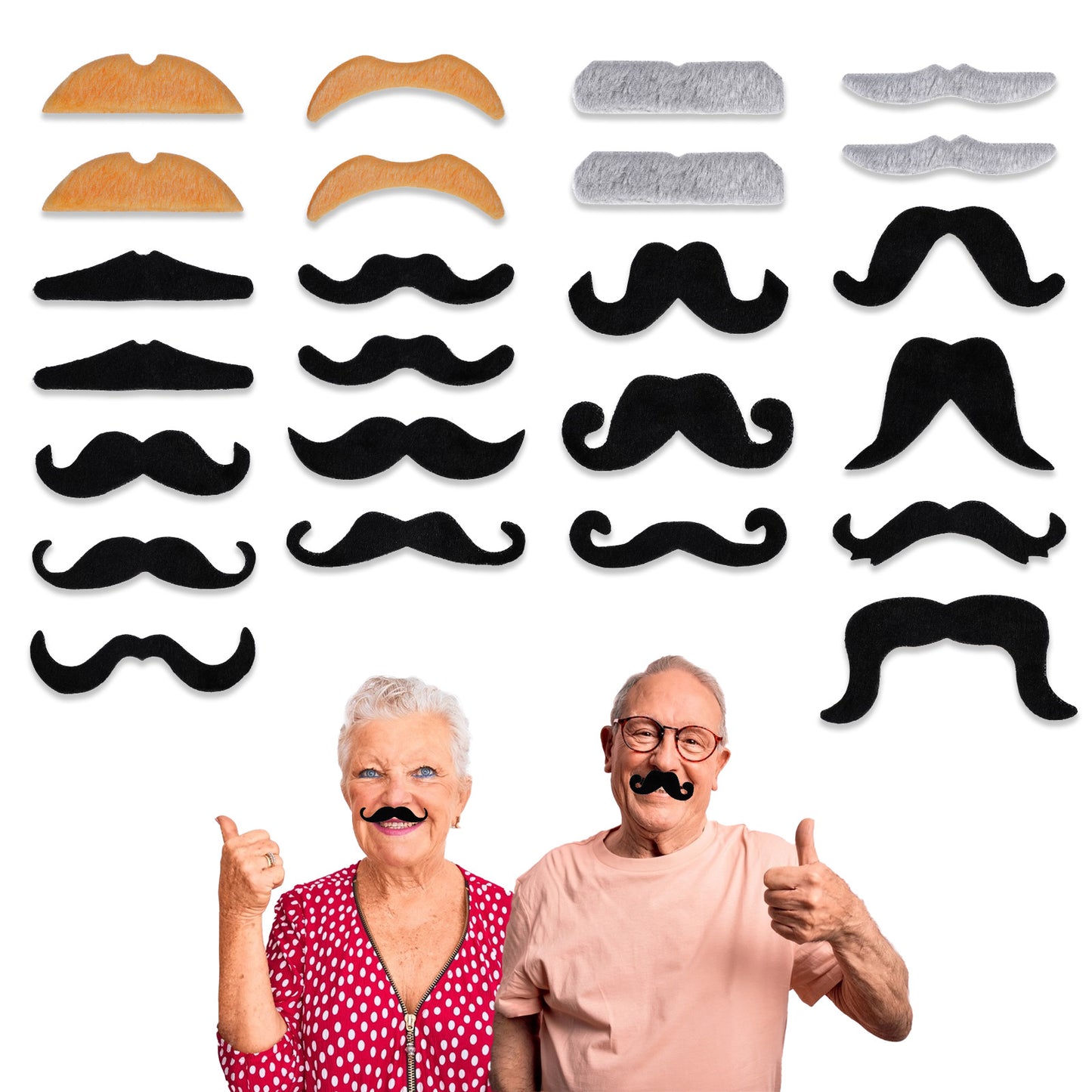 Nogeqi 24PCS Fake Mustaches Self Adhesive, Halloween Stick on Mustache Stickers, Fake Beard Facial Hair for Christmas Party Masquerade Accessories Decorations (Black, Brown, Grey)