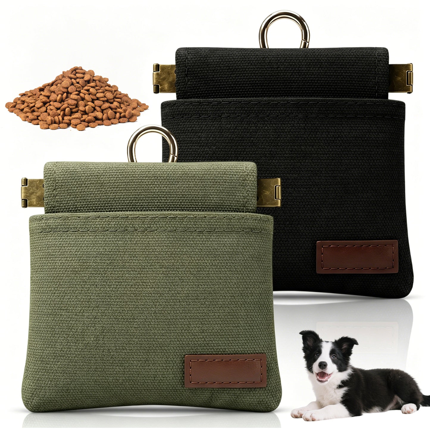 Matwsec 2 PCS Dog Treat Pouches for Pet Training 4.6in Portable Auto Closing Dogs Treats Bag with Carabiner for Travel Outdoor Use Reusable Small Dogs Treats Container, Black and Green