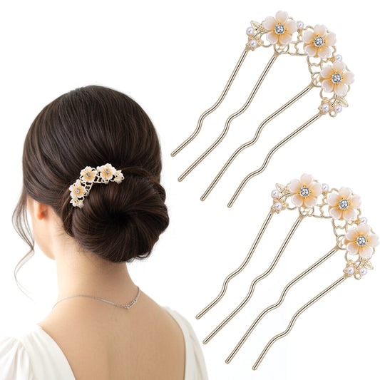 Ymapinc U-Shaped Gold French Hair Pin Metal, 2pcs Vintage Pearl Flower Bun Clip for Women, Decorative 4 Prong French Twist Hairpin for Bride/Girl/Lady, Gold Hair Accessories for Wedding/Party