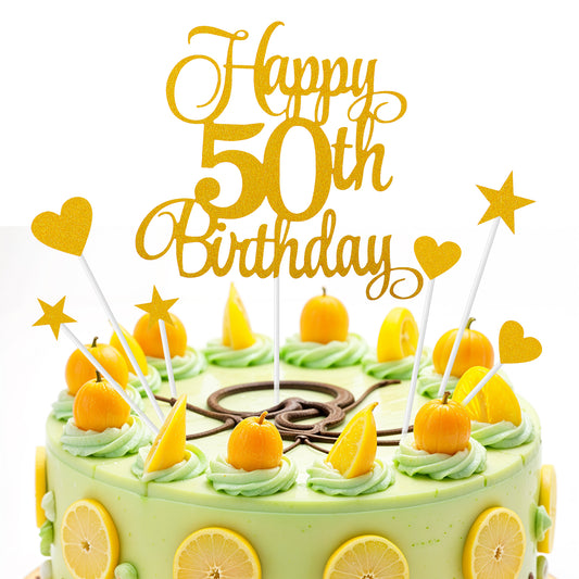 Tyqour 7Pcs Gold Glitter Happy 50th Birthday Cake Topper Cheers to 50 Years Cake Topper 50th Anniversary Cake Topper Fabulous Birthday Cake Decorations for Men Women Wedding Party Decorations