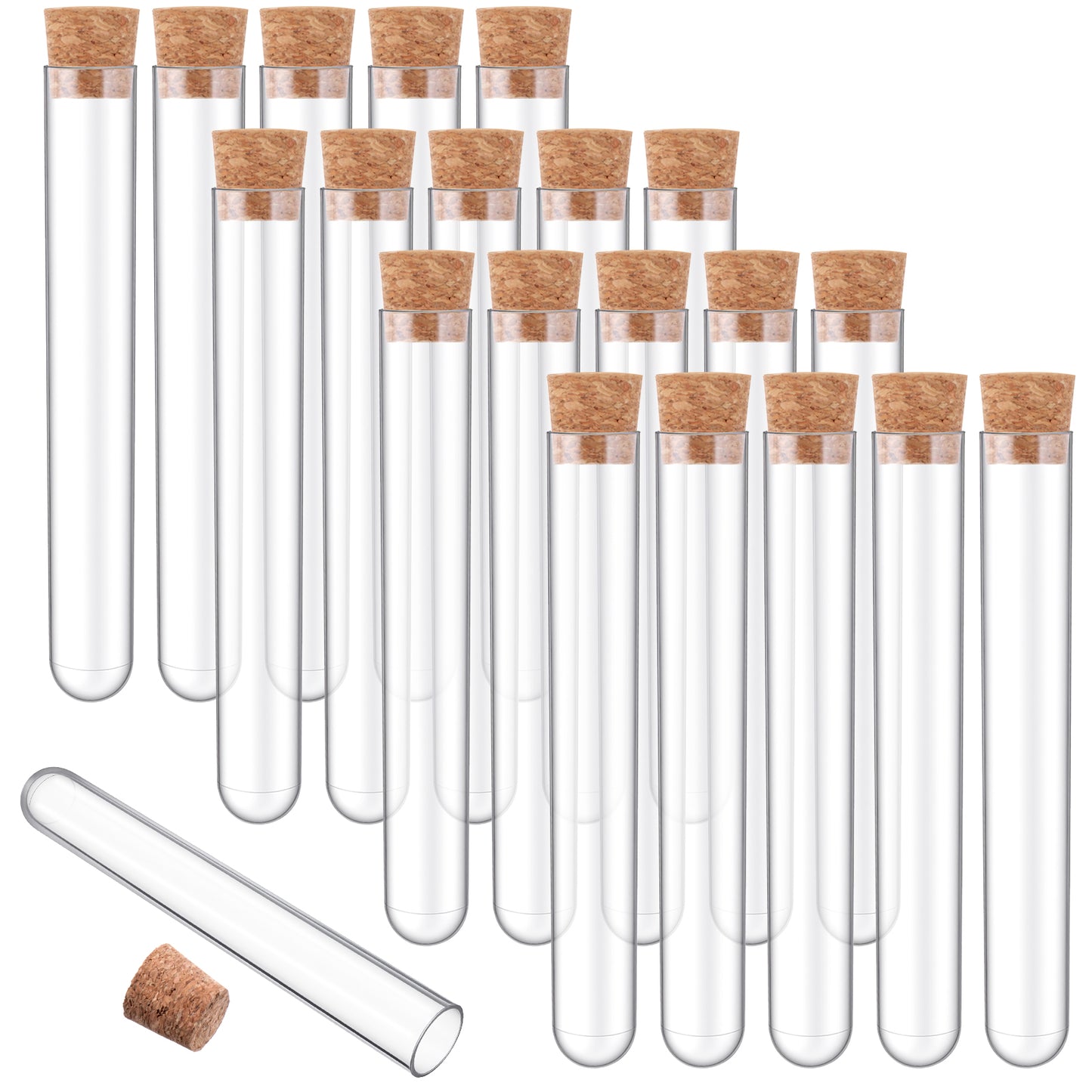 20PCS Clear Plastic Test Tubes with Cork Stoppers 15x100mm 10ml Good Seal Tubes for Jewelry Seed Liquor Plants Candy Cocktail Storage Wedding Halloween Neon Party Favors Lab Scientific Experiment