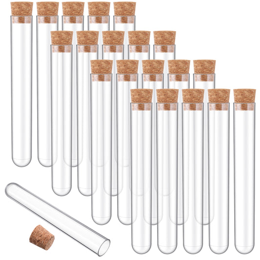 20PCS Clear Plastic Test Tubes with Cork Stoppers 15x100mm 10ml Good Seal Tubes for Jewelry Seed Liquor Plants Candy Cocktail Storage Wedding Halloween Neon Party Favors Lab Scientific Experiment