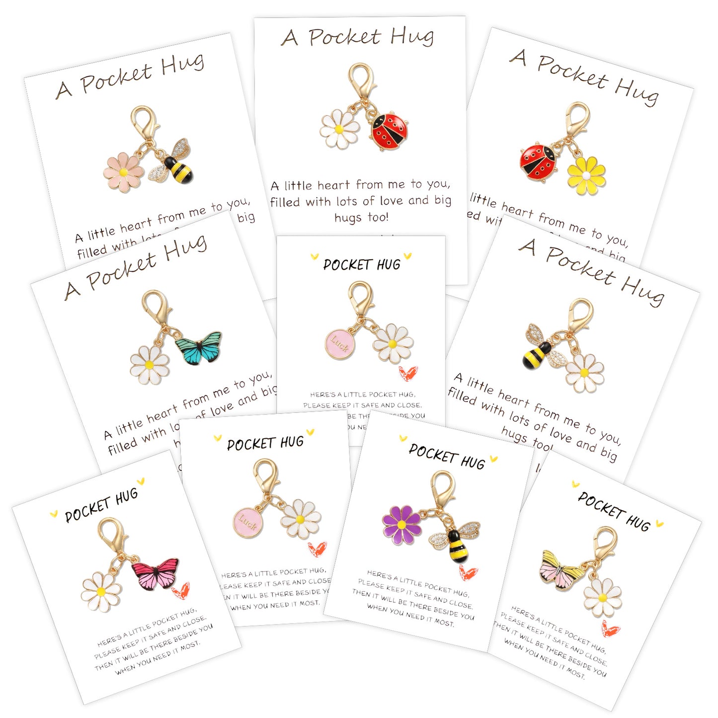 Nogeqi 10 Sets Pocket Hug Cards with Cute Tokens, Positive Pocket Hug Token Mini Cute Charms, Inspirational Cards Keepsake Gifts for Encouragement Emotional Support for Friends Family Loved Ones
