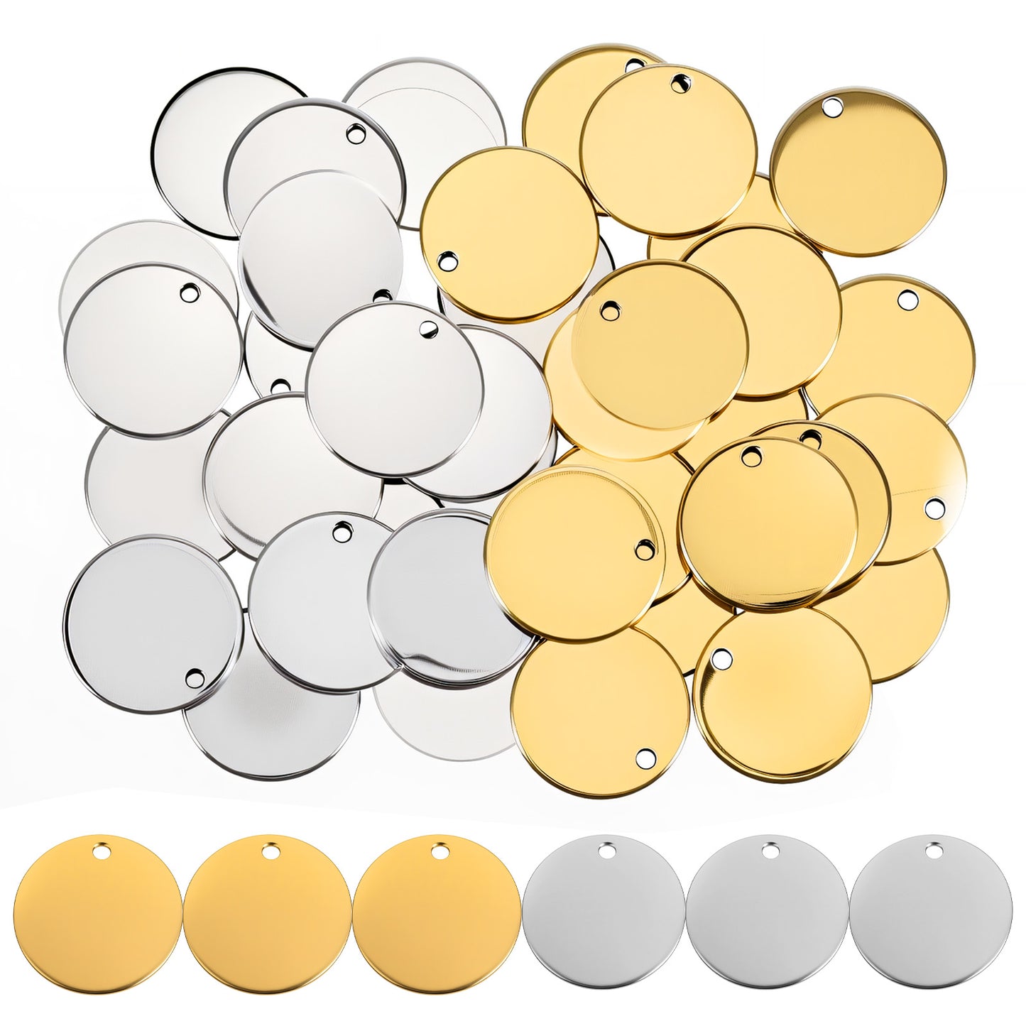 RAHHLIZS 40pcs PH PandaHall Blank Stainless Steel Tag Flat Round Blank Stamping Pendants Charms for DIY Necklace Bracelet Craft (Gold, Silver)