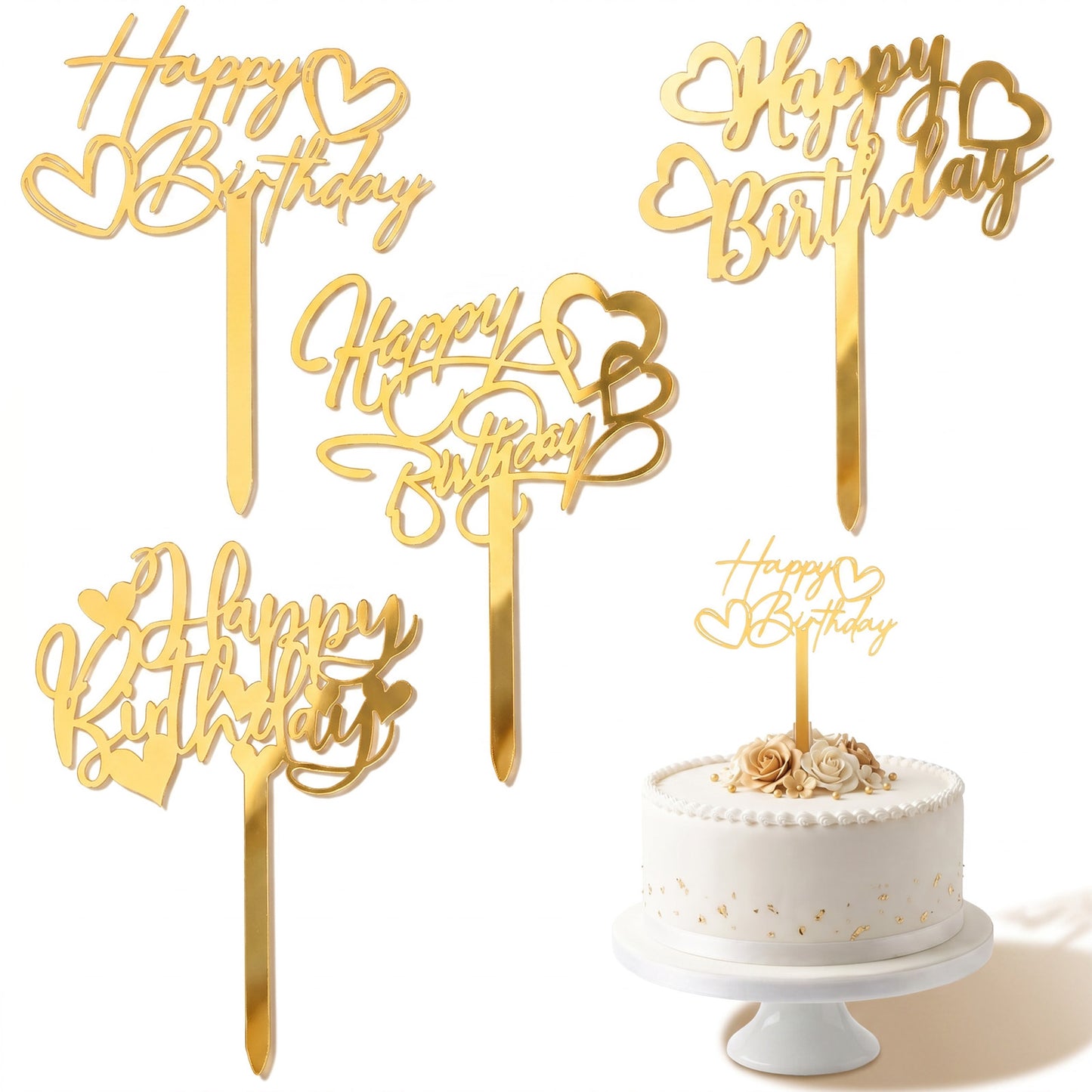 4PCS Gold Happy Birthday Cake Topper, Mirror Birthday Cupcake Toppers Acrylic Cake Decorations for Cakes Side Party Cakes Dessert