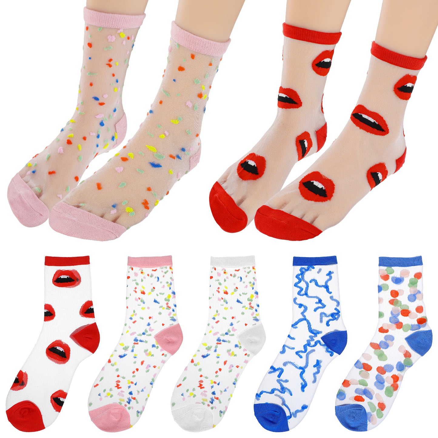 Ouligay 5 Pairs Sheer Socks Women Ankle,Ransparent Thin Mesh Lace Socks Women,Acrylic Color Spots Womens Trouser Sock,Transparent Mesh Sock for Girl(Multiple Styles)