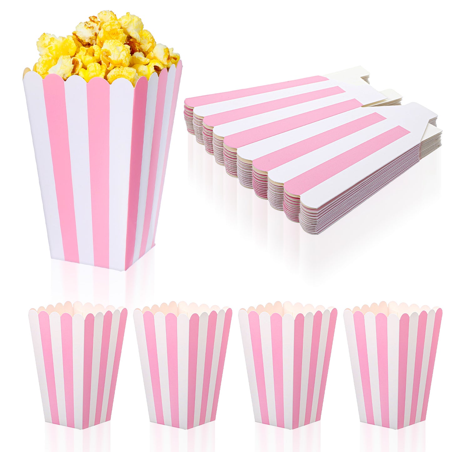 Xindojuz 15 PCS Paper Pink Popcorn Boxes, Mini Popcorn Bags for Party with White Striped, Reusable Popcorns Containers Holders for Party Birthday Favor Movie Night Supplies (4.33×2.76 Inches, Small)