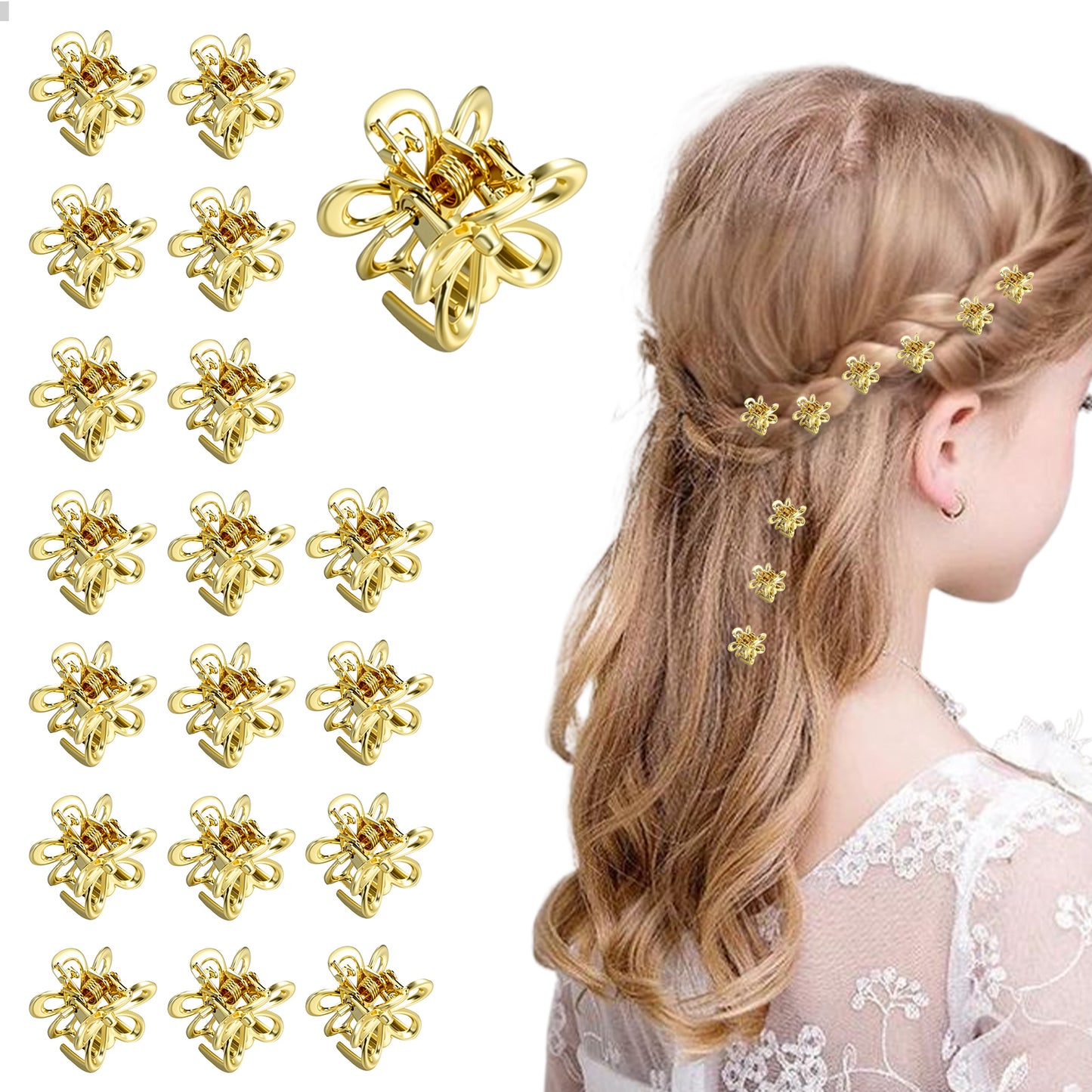 Tyqour 20pcs Small Flower Hair Clips for Girls, Gold Mini Floral Claw Clips Perfect for Fancy Hairstyles