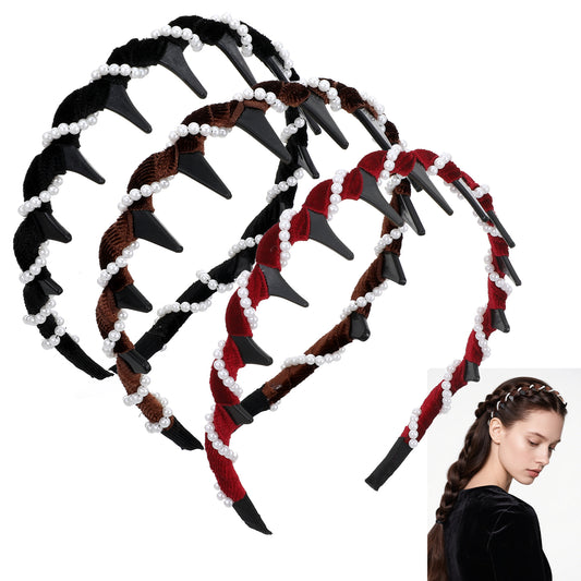 3 Pack Vintage High Cranium Headband Artificial Pearl Hair Band, Retro High Skull Pearl Headband Korean Hairbands with Comb Teeth, Anti-Slip Hair Comb Hoop Head Wear for Women Girls Accessories Gifts