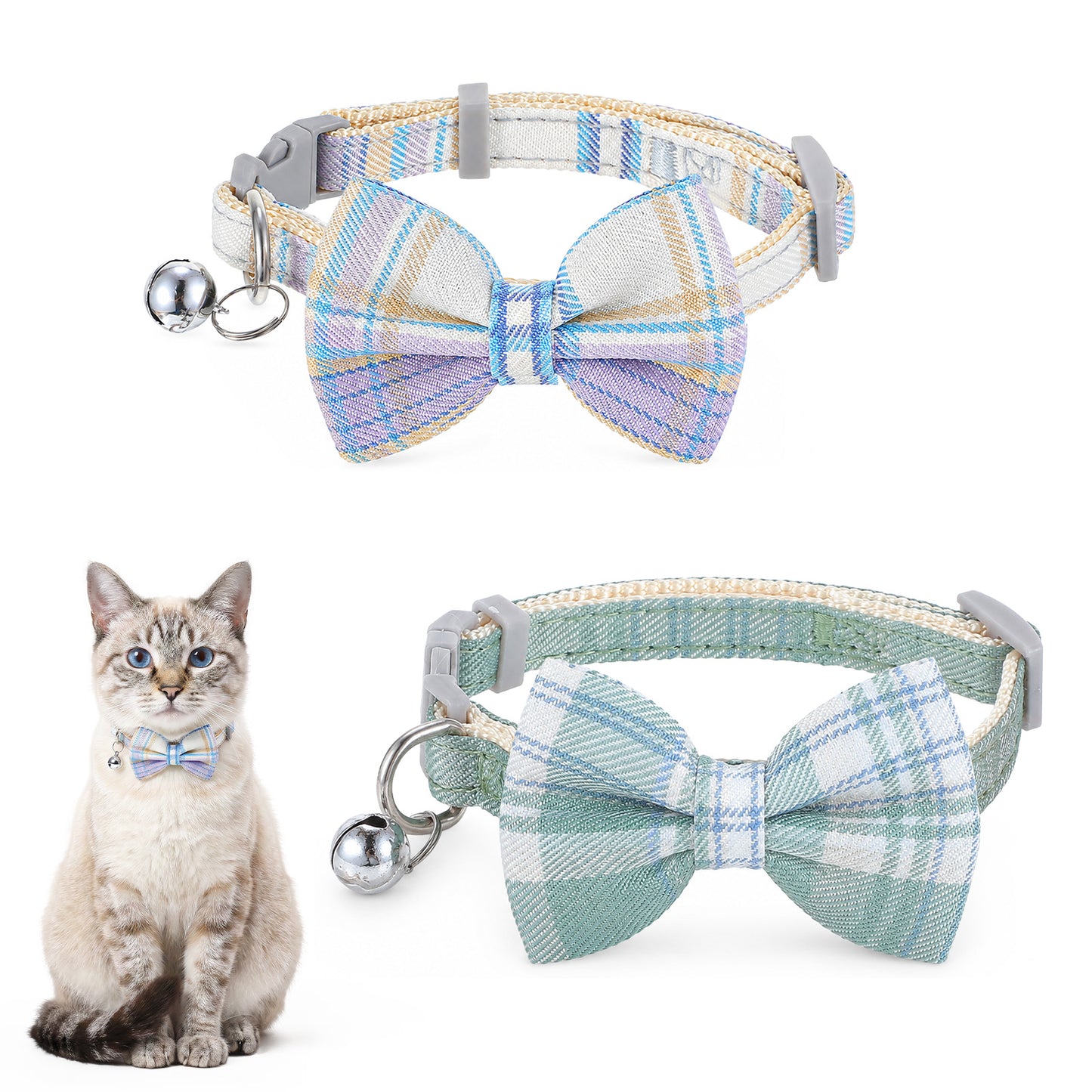 RAHHLIZS 2 Pcs Cat Bow Tie Collars with Bells for Boy Cats, Kitten Bowtie Collar Breakaway Bowtie Plaid Cat Collar Male Cats Blue Collars