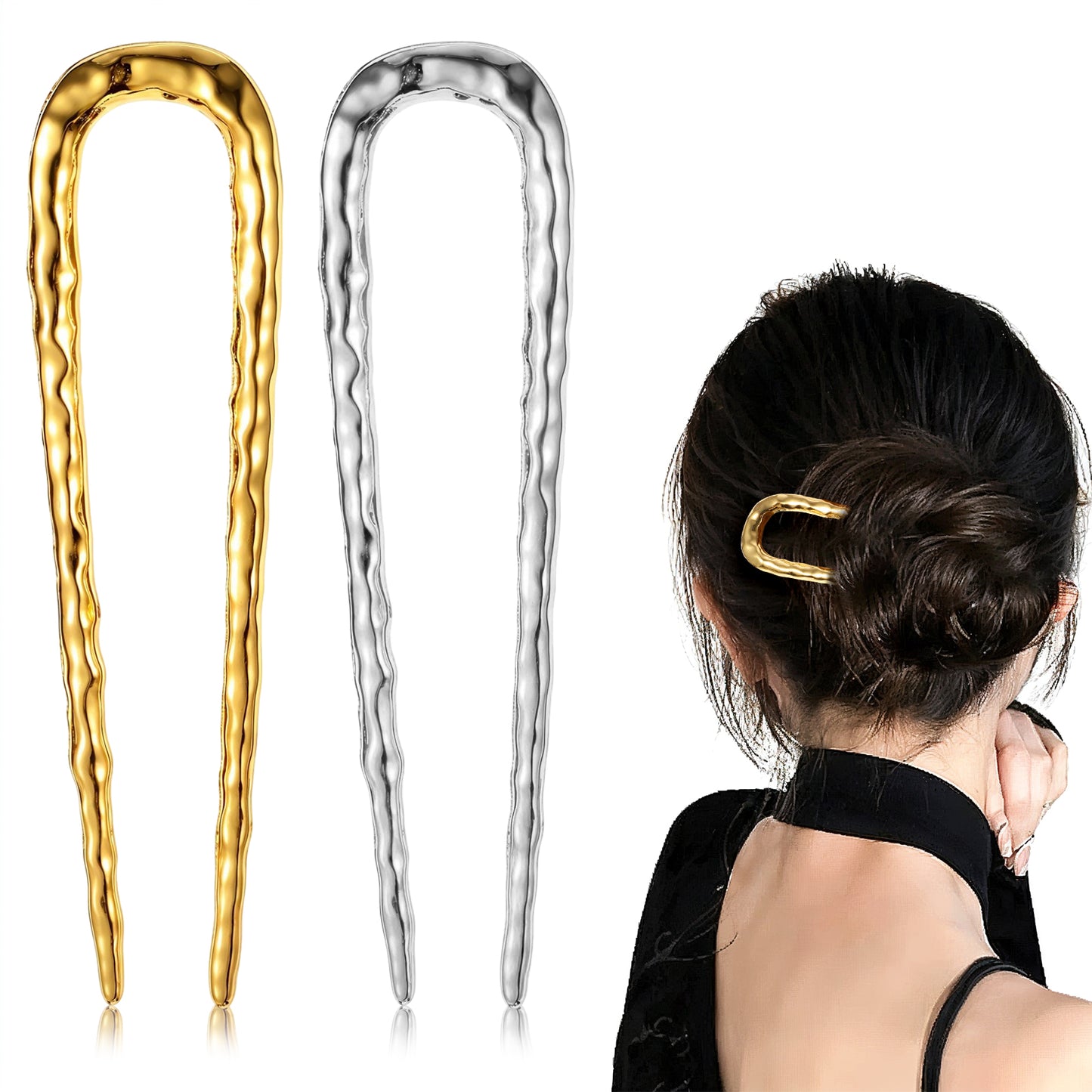 Tyqour 2PCS Textured French Hair Pins, Metal U Shaped Long Hair Pins, Hair Forks for Women, Gold and Silver Simple design pattern Twist Hair Accessories