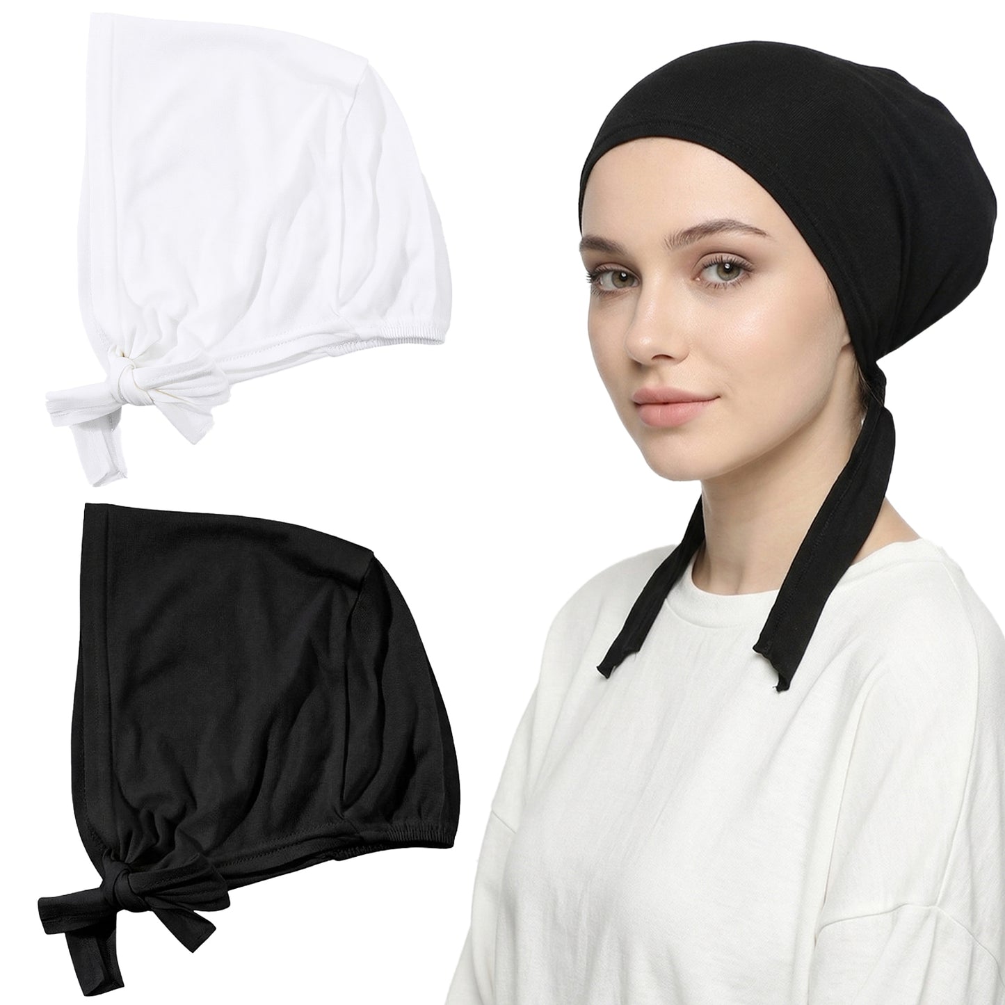 Tyqour 2 PCS Hijab Undercap Non Slip Hijab Cap with Tie Undercaps for No Slip Hijabs for Women Muslim Black, White
