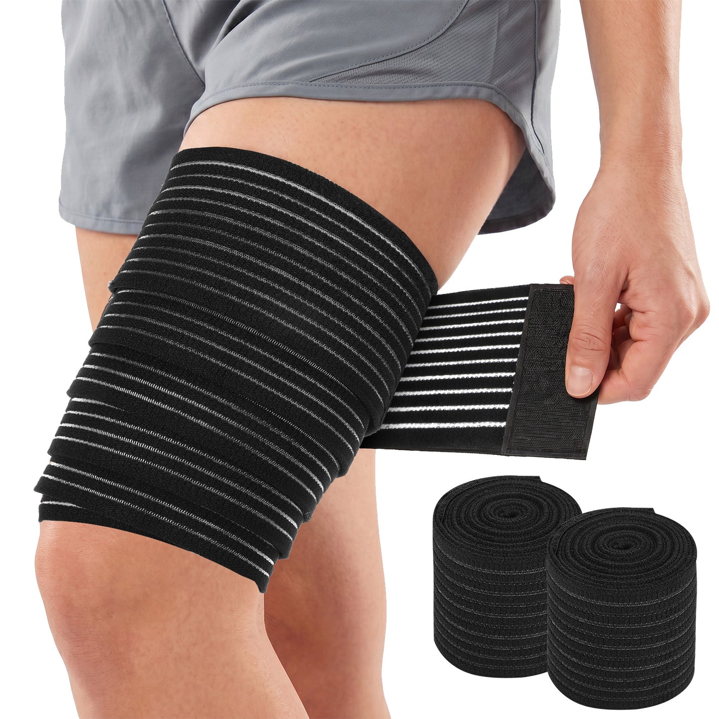 2Pcs Thigh Compression Sleeve 70.8inch Extra Long Elastic Knee Wrap Adjustable Hamstring Compression Bandage Brace for Leg Stabilising Ligament Joint Pain Basketball Football Running for Men and Women