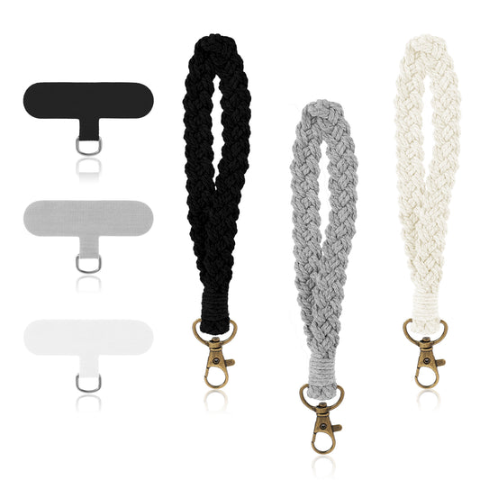 3 Pack Boho Macrame Phone Wrist Strap with 3 Pcs Phone Tether Tabs, Cell Phone Lanyard Bracelet, Anti-Loss Phone Chain with Keyring Holder Connector Patch, Universal Keychain Wristlet for Women Men