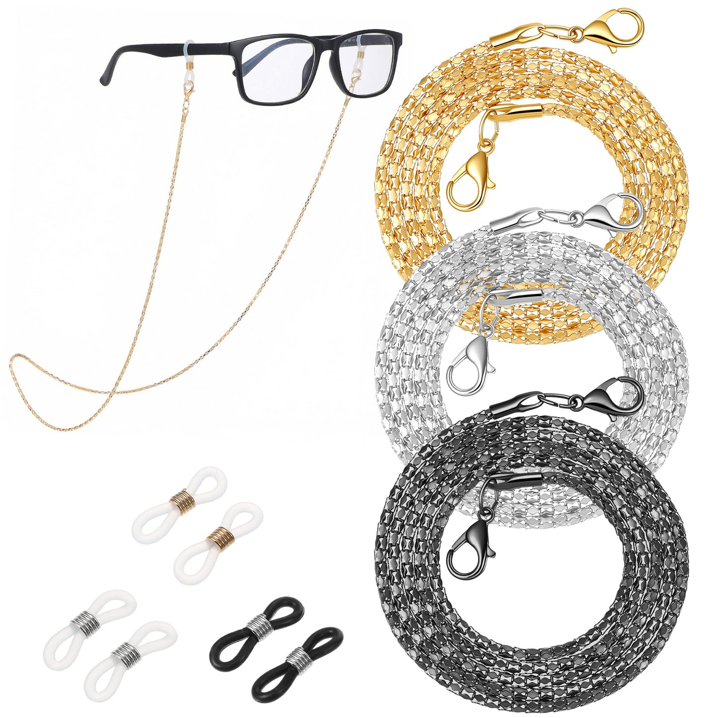 Ouligay 3 Pieces Eyeglass Chains for Women, Stainless Steel Eyeglass Chain Stylish, Gold Silver Black Glasses Chain for Glasses Around Neck Eye Glass Chains Women Elegant Sunglasses 27 Inch