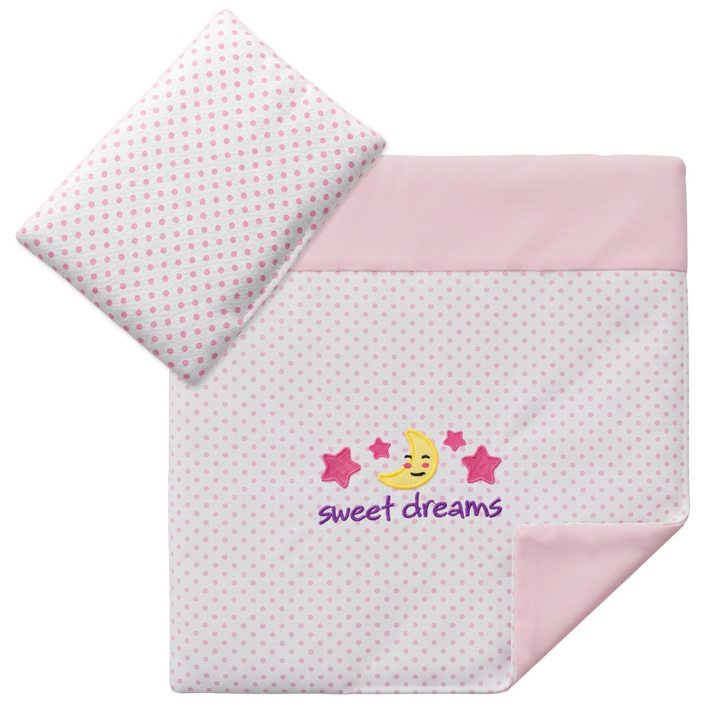 RAHHLIZS Baby Doll Blankets and Doll Pillow Set – Pink Star Moon Embroidery, Soft Polyester-Cotton Baby Doll Blankets for Play, Fits 12-15 Inch Doll Cradle & Doll Bed, Polka Dot Bedding Accessories