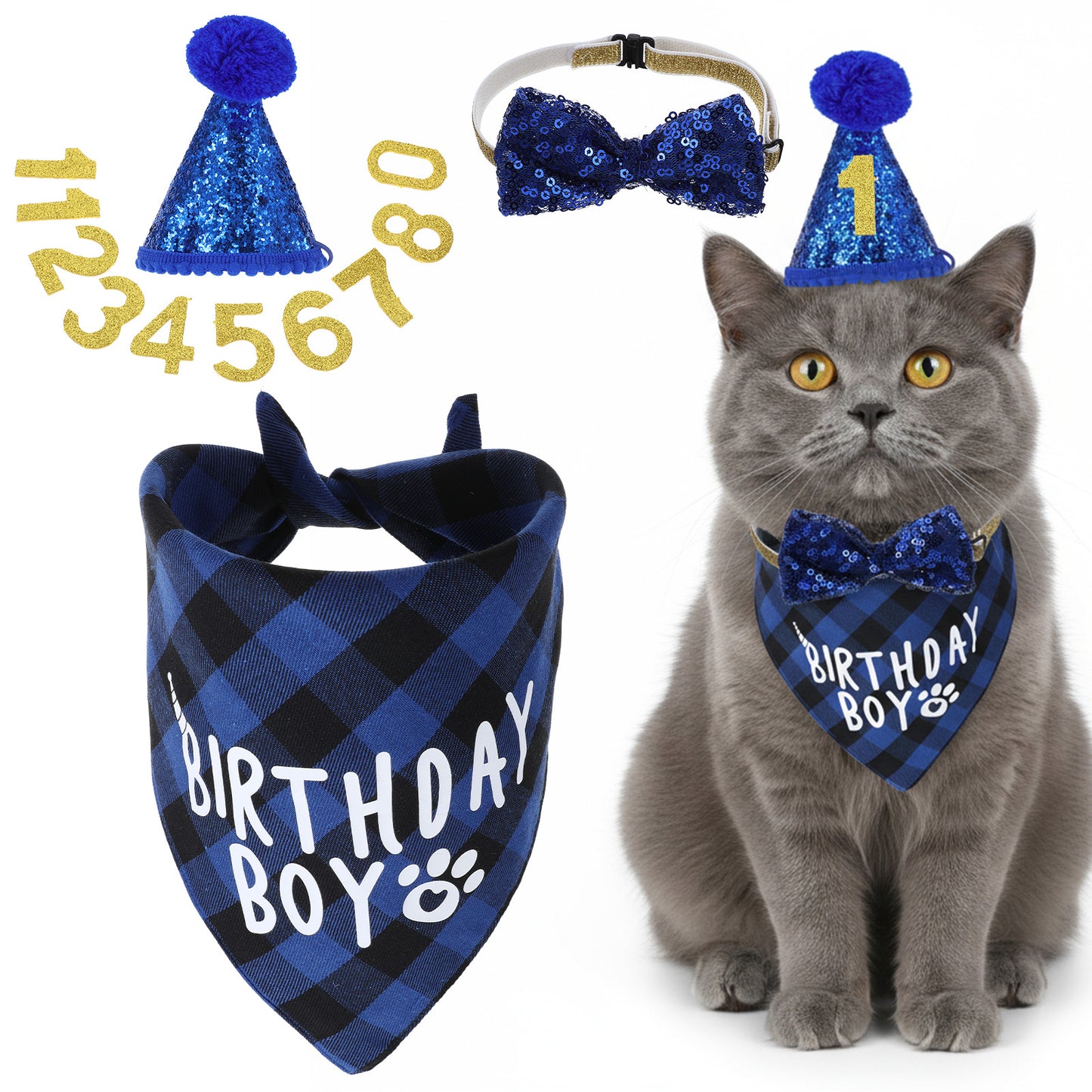 Xindojuz Cat Birthday Hat Decoration & Outfit Set, Adjustable Cats Birthday Hat with Number Bandana Bow Scarf Tie Collar for Dog Pet Kittens Apparel Christmas Party Outfits Supplies (Blue)
