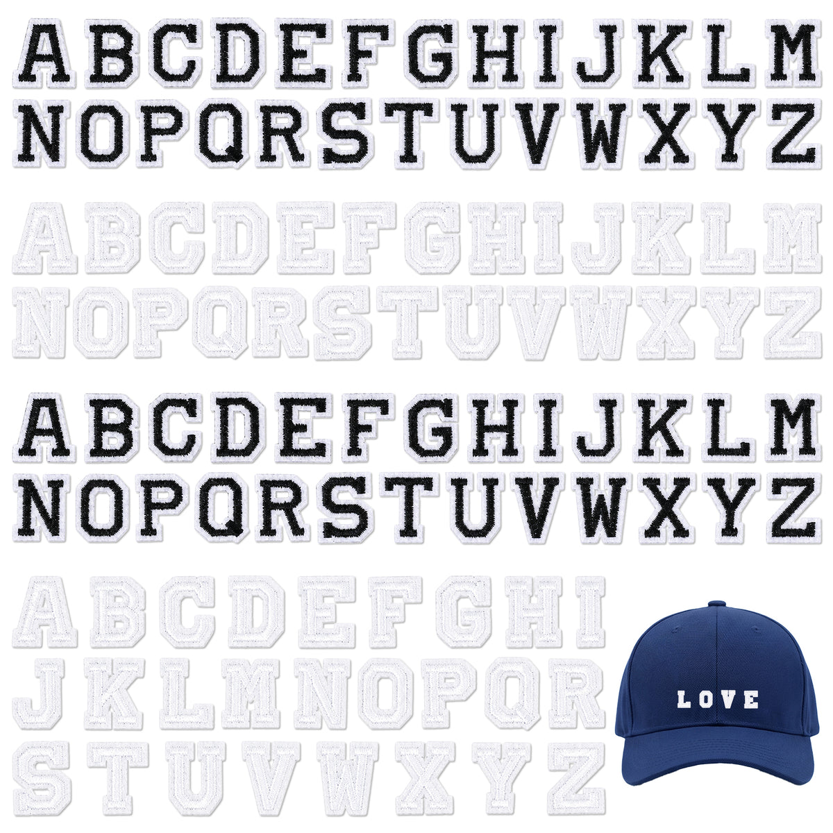 Matwsec 104 PCS Iron on Patches Letters 0.7 in 26 Alphabet A-Z Black&White