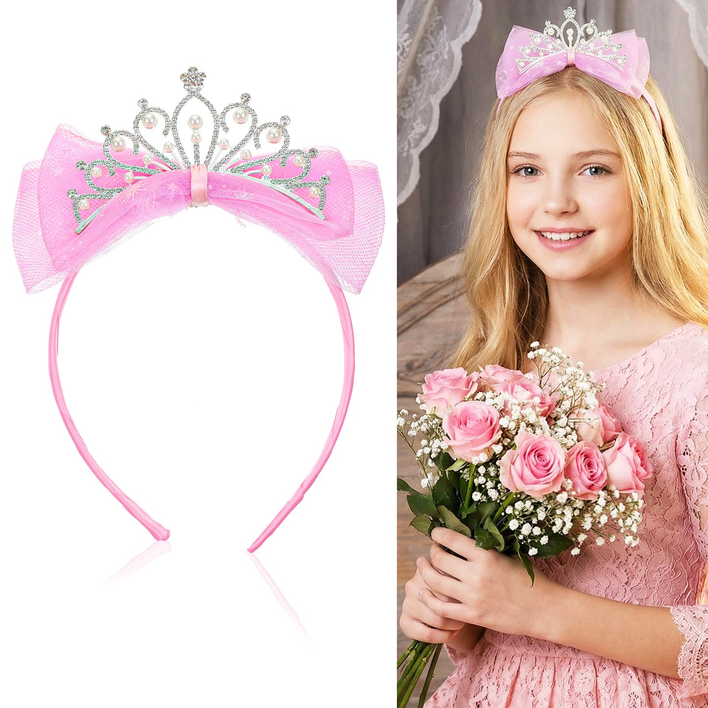 Nogeqi Birthday Crown With Cute Tulle Bow, Tiaras For Girls Princess Crown For Women Hair Accessories Party Fairy Graduation Birthday (Pink)