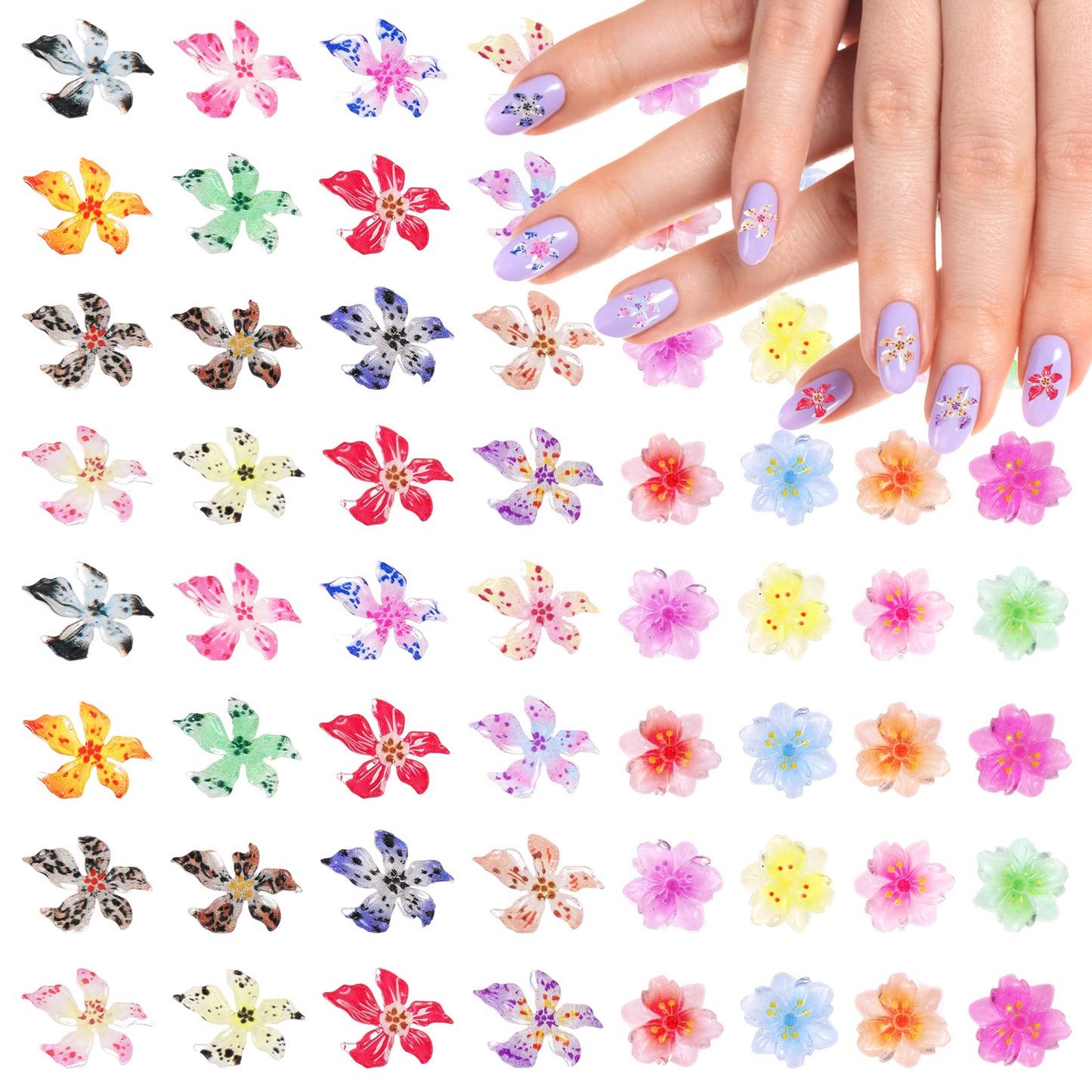 200PCS Flower Nail Charms 3D Hawaii Flowers for Nails, Colorful Acrylic Nail Art Rhinestones Hibiscus Floral Gems Jewelry Tiny Summer Flowers Nails Design for Women Manicure Supplies
