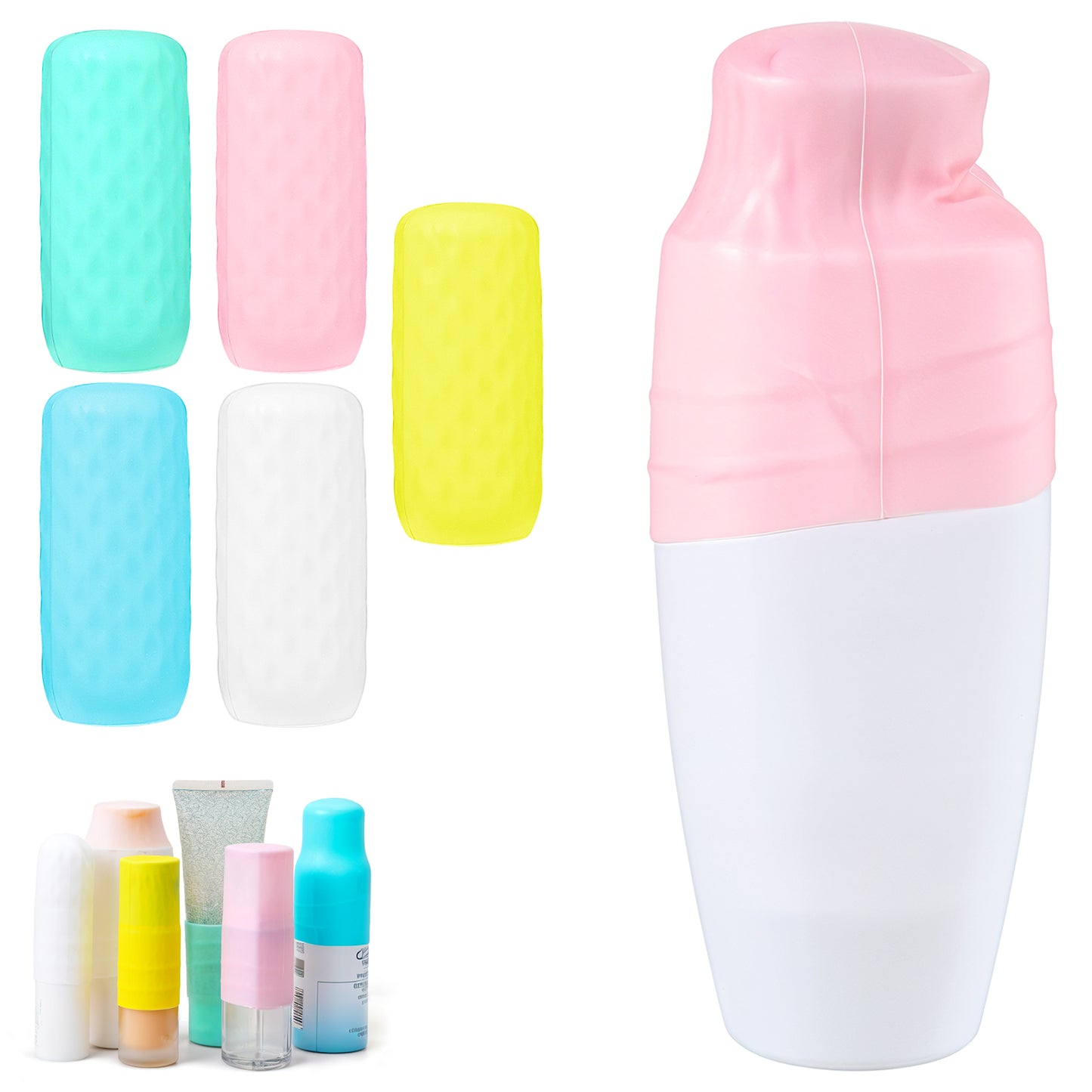 Tyqour 5 Pack Silicone Covers for Travel Toiletries Leak Proof Silicone Bottle Covers Travel Bottle Covers Elastic Sleeves for Leak Proofing Travel Fits Various Travel Size Bottles