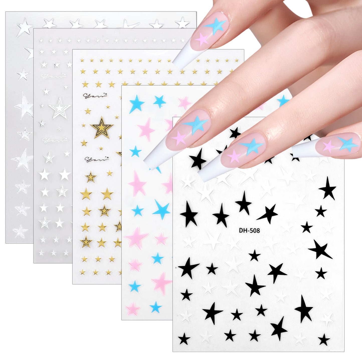 8 PCS Star Nail Stickers for Nail Art, 3D Rhinestone Decals, Sun Star Y2k Gold Silver Black White Designs, Self-Adhesive Manicure Tips Decoration Supplies