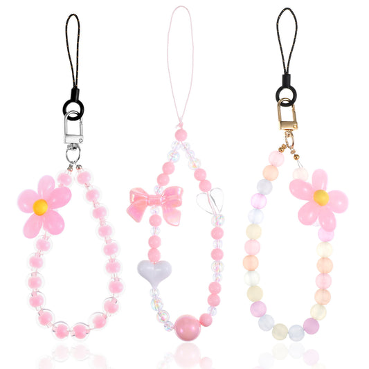 3 PCS Pink Bow Cute Beaded Phone Charm Strap, Aesthetic Y2K Cellphone Keychain Butterfly Flower Mobile Phone Wrist Strap Chain String for Women Bracelet Bag Keychain Camera Decor Anti-Lost Lanyard