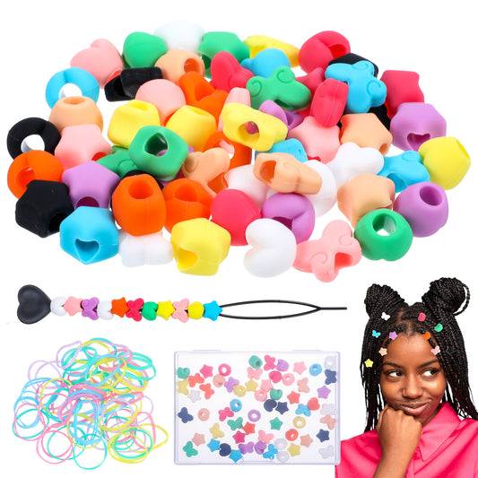 Tyqour 60pcs Silicone Hair Beads for Kids Girls, Butterfly Heart and Star Hair Beads for Braids, Silicon Bead Dreadlock Accessories