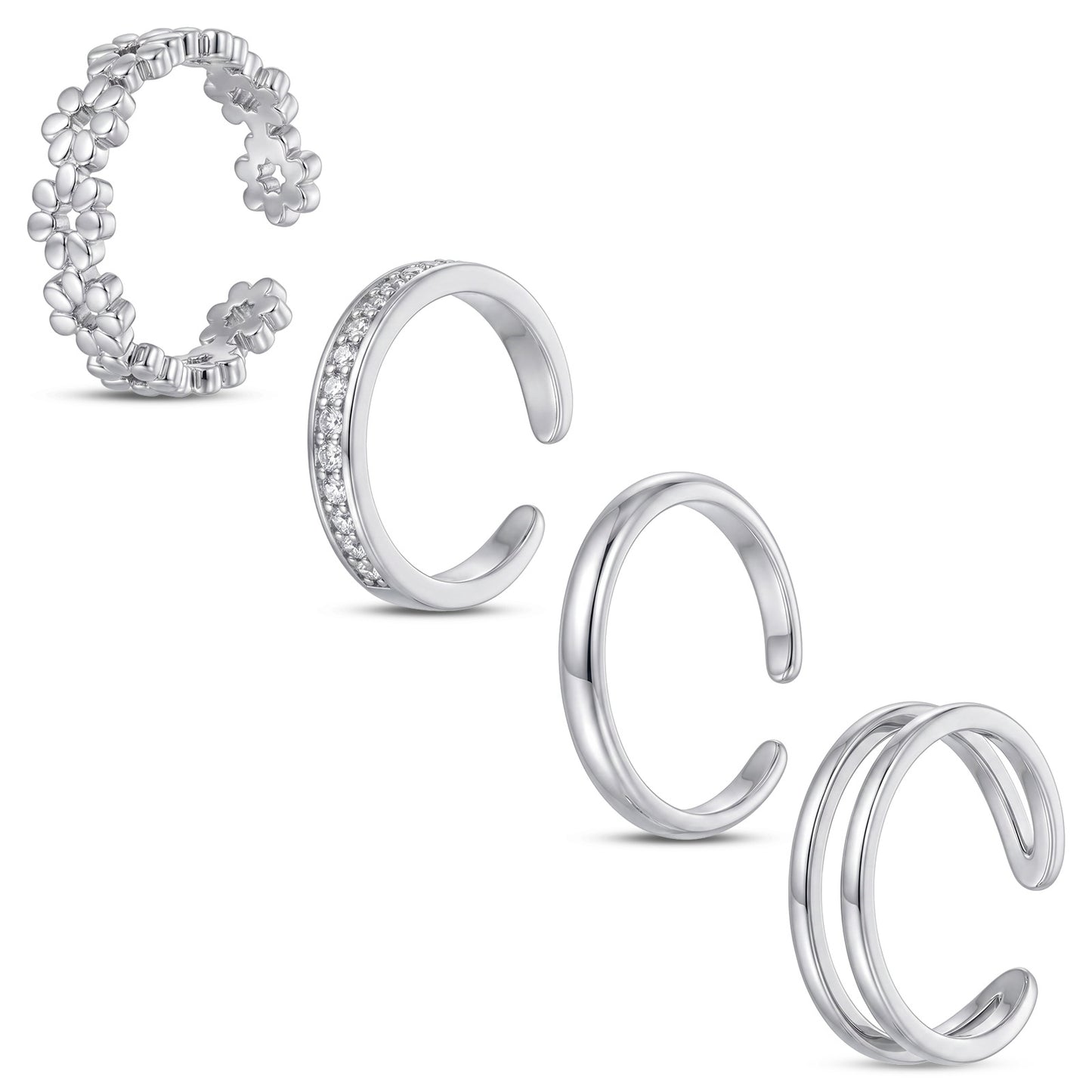 Tyqour Silver Toe Rings for Women Adjustable Ring Set of 4 Non Tarnish Toe Rings Silver for Summer Beach Jewelry