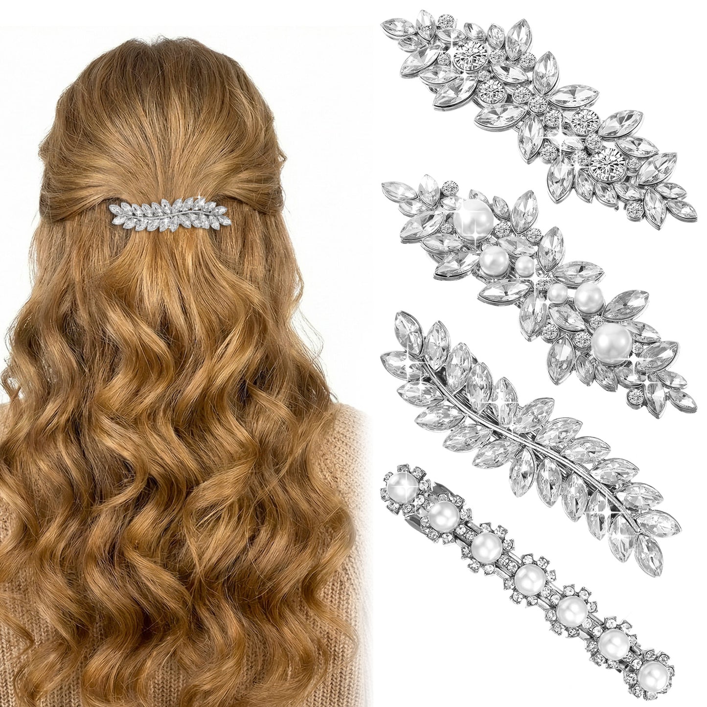 Nogeqi 4 Pcs Rhinestone Hair Clips, Sparkly Crystal Fancy Hair Clip for Women, Silver Hair Clips with Pearl, Rhinestone Barrettes for Women, Bridal Hair Accessories for Women, Wedding, Prom(4 Styles)