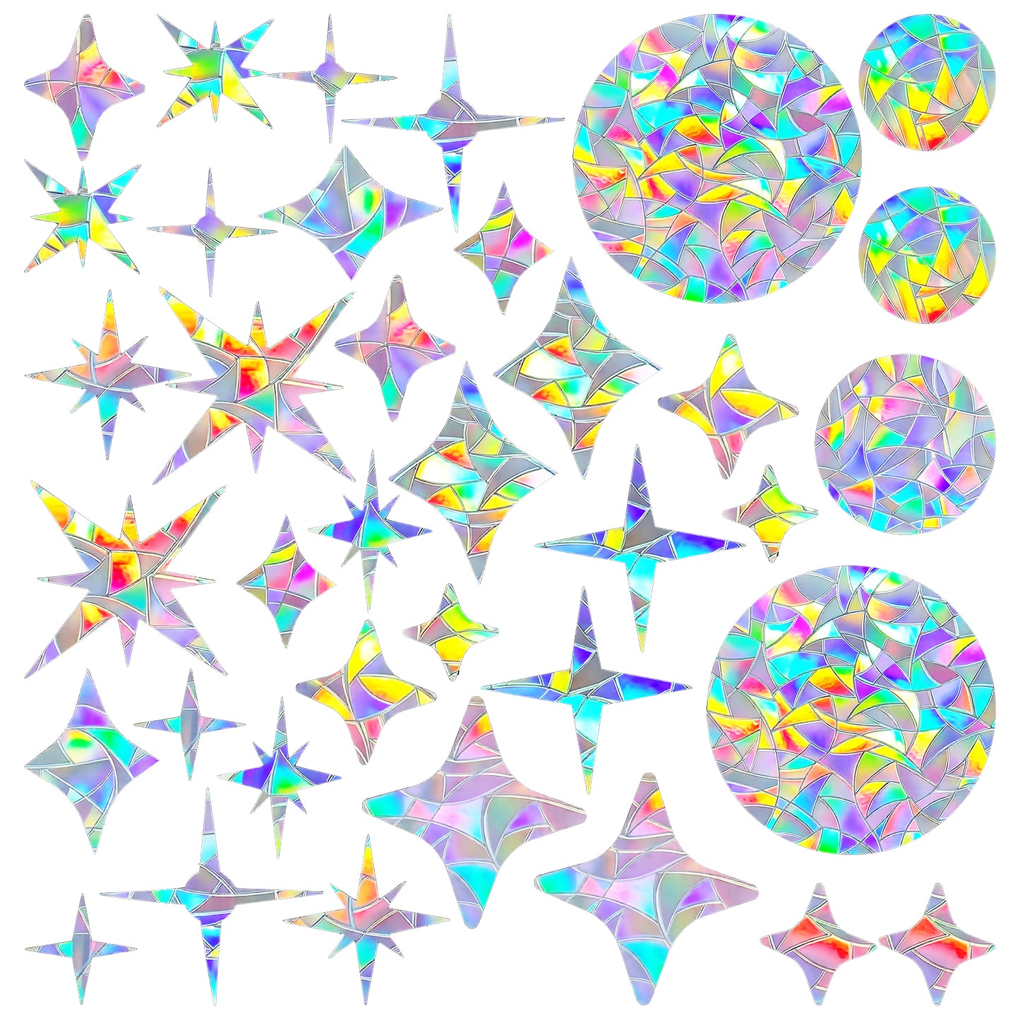 Ouligay 42 Pieces Star Circle Window Clings Anti Collision Windows Decals for Bird Strikes, Glass Door Window Stickers for Birds, Stop Birds Flying into Windows, PVC Rainbow Suncatch Stickers