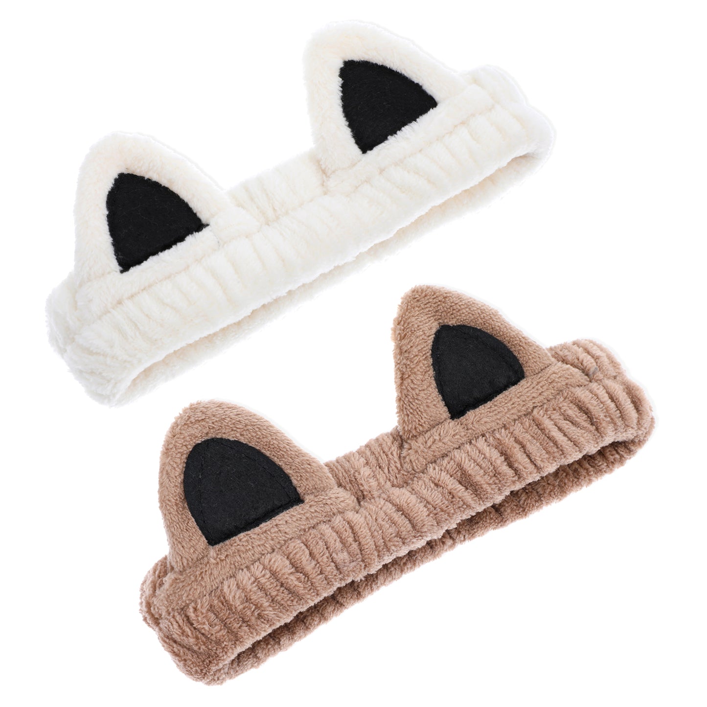 Xinjoduz 2PCS Skin Care Headband, Cat Ear Headband Face Washing Wristbands Soft Spa Headband for Washing Face Makeup Headbands for Women and Girls(Beige & Brown)