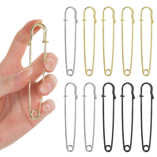 10Pcs Big Safety Pins Heavy Duty Shimmeroo 4 Inch Metal Heavy Big Safety Pins for Clothes Sewing Blankets Skirts Brooch Arts DIY Crafts(4gold/3black/3silvery)