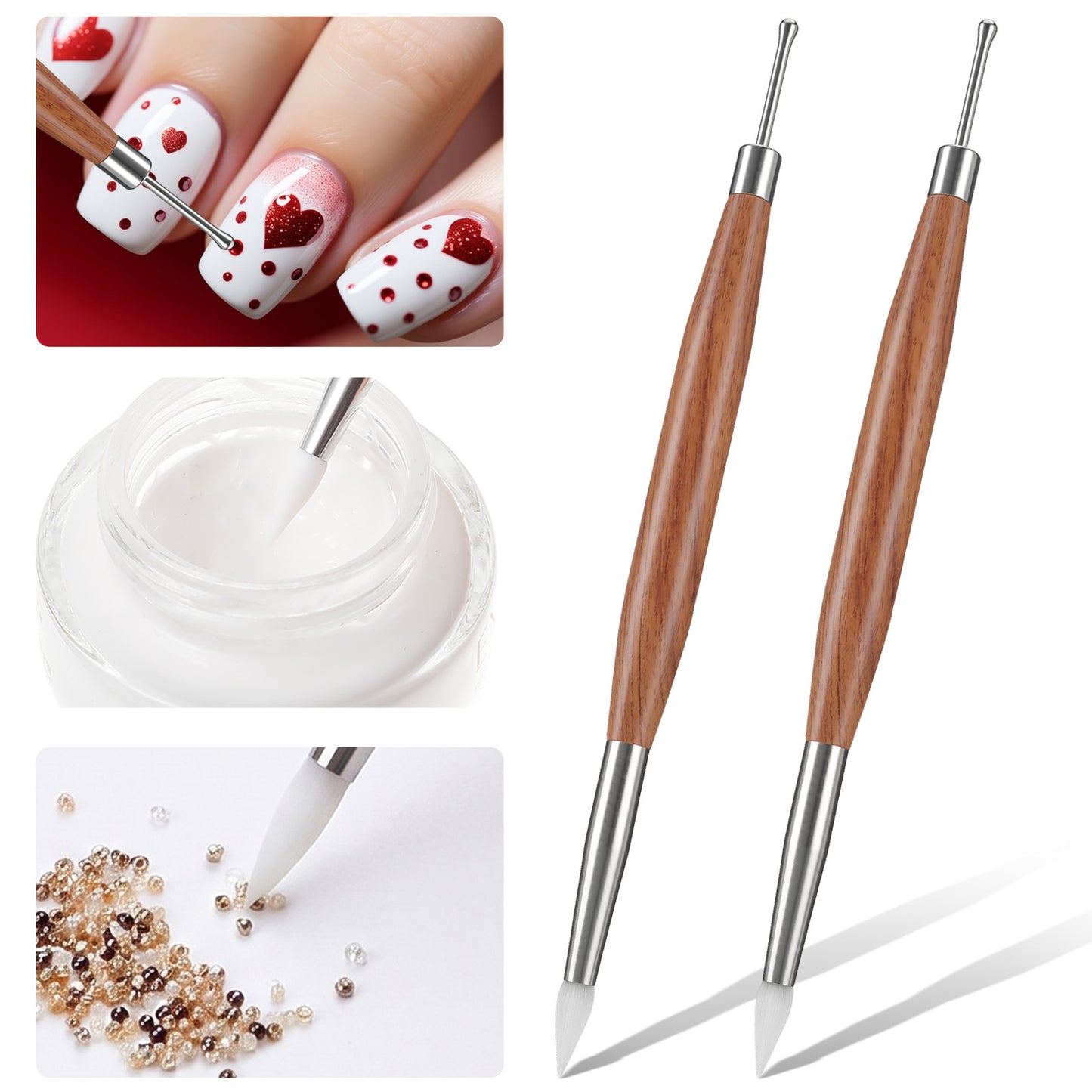 Ymapinc 2Pcs Dual-Ended Nail Art Sculpture Pen, Wood Handle Silicone Metal Tool for 3D Gel Polish Design, Builder Gel - Brown