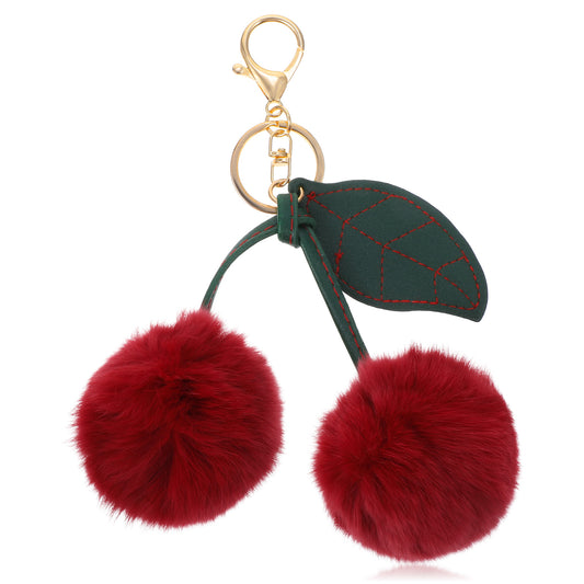 Ymapinc Cherry Keychain, Fluffy Pom pom Keyring Cute Handbag Charm for Women, Bag Keychain Accessories, Cherry Gifts for Women
