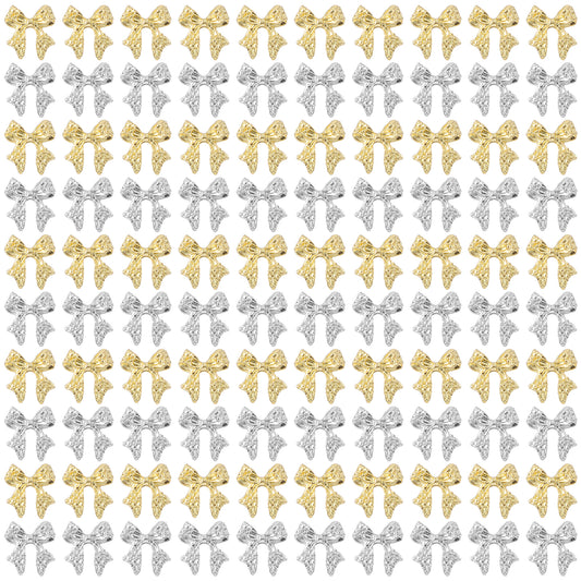 100 PCS Gold Bow Nail Charms Gold and Silver Metal Bow Charms for Nails 3D Alloy Bowkont Nail Art Charm Bows Art Studs Rivets for DIY Y2k Women Design Jewelry (0.41" ×0.39")
