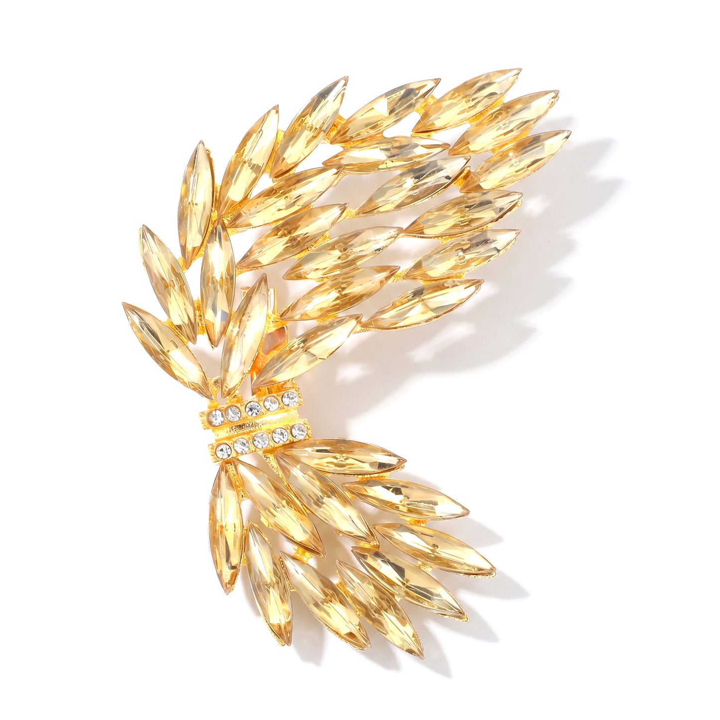 Gold Feather Brooch for Women, Rhinestone Crystal Pin for Dress & Hat Decor