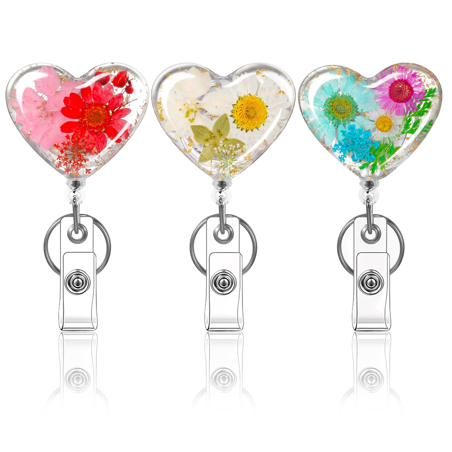 3 Pcs Flower Badge Reel Retractable Nurse Badge Reel Dried Floral Resin Badges Holder with Key Ring Cute Badges Clip for Teacher Nurse Doctor Worker Students ID Card, Heart