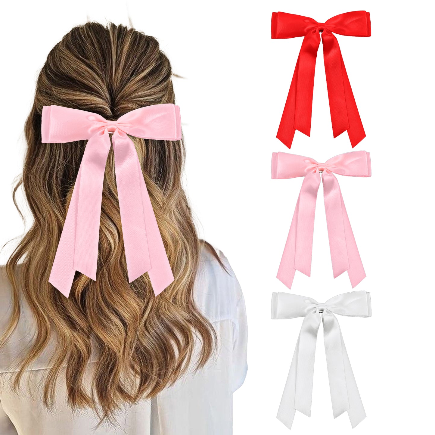 2PCS Hair Bow Clips Red Beige Pink Hair Bows Elegant Silky Satin Hair Ribbon Ponytail Holder with Long Tails, Slides Metal Clips Bow Hair Ties Accessories for Women Girls Toddlers Teens Kids